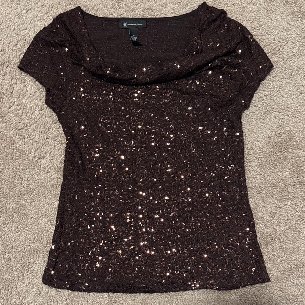 INC International Concepts Women's Sparkling Sequin Top - Dark Brown